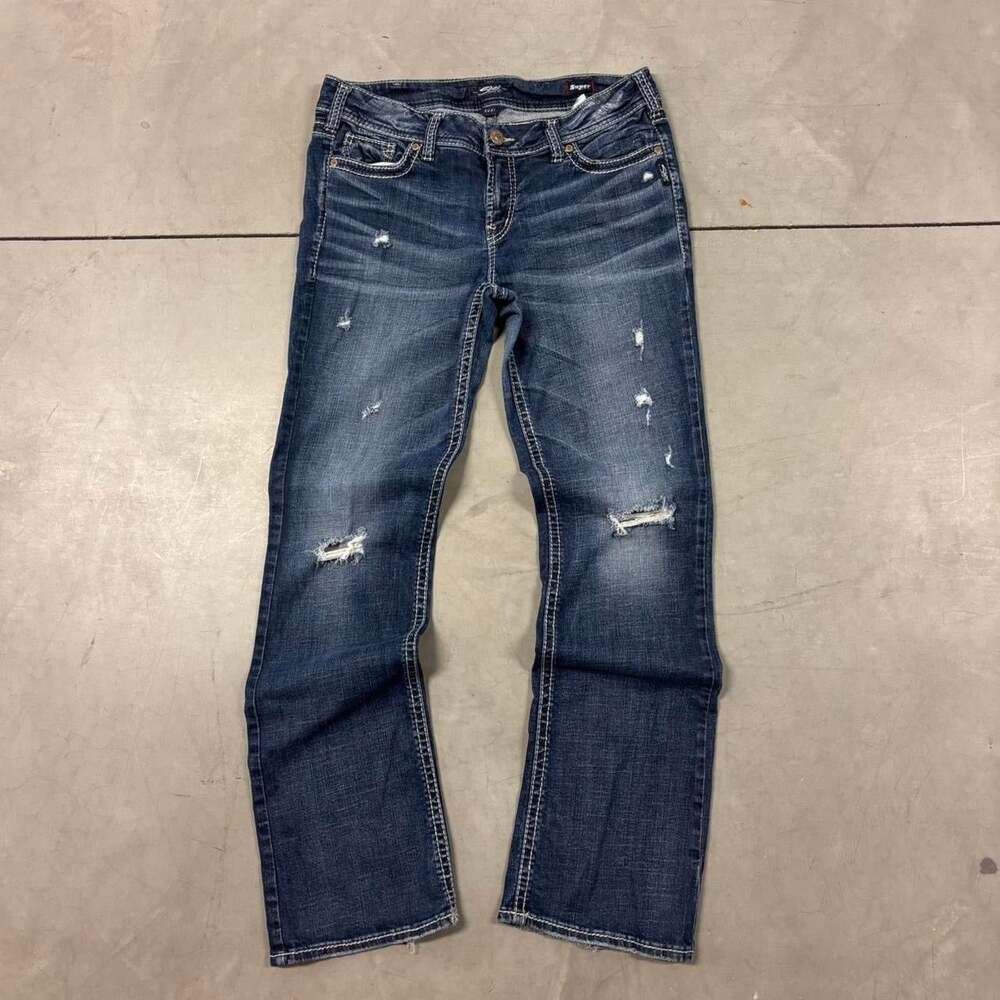 y2k vintage silver brand distressed bootcut jeans